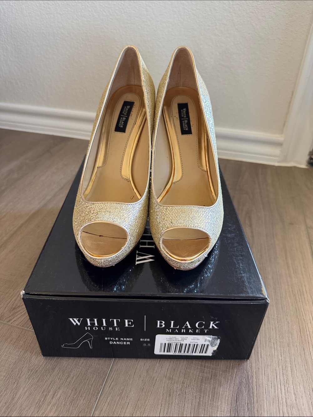 White House Black Market Gold Glitter Peep-Toe Pumps